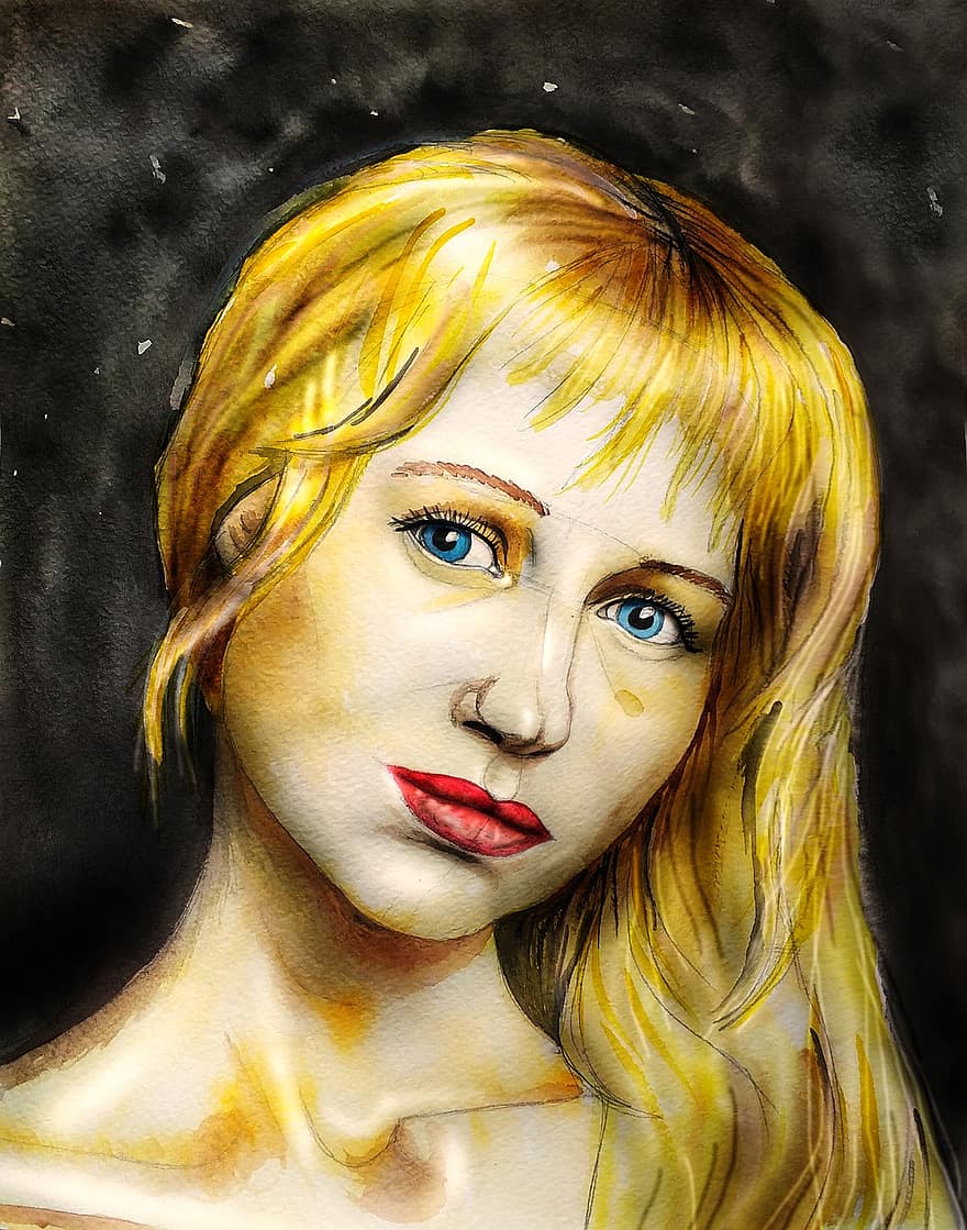 blond, fille, femme, portrait, aquarelle, artiste, figure, image, vue