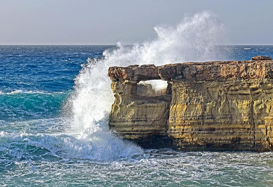 klippa, hav, vågor, stenig kust, kraschar, stänk, sten formation, kust, horisont, natur, marinmålning