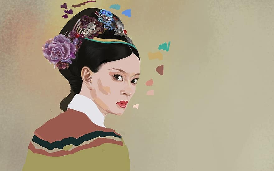 Quadro pintado de retrato, original, mulher, imagens, visão traseira, Ásia