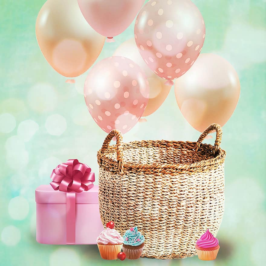 ballonger, kurv, bånd, dekorasjon, baby, første bursdag, fødselsdag, parti, barn, søt, gaver