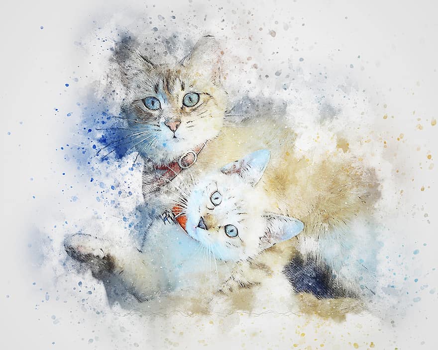 Cats, Pet, Hug, Art, Abstract, Watercolor, Vintage, Animal, Colorful, Kitty, T-shirt