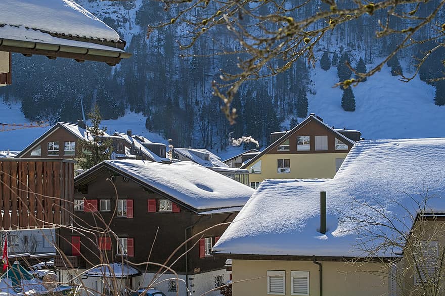 hus, landsby, vinter, fjell, snø, by, bygninger, arkitektur, Engelberg