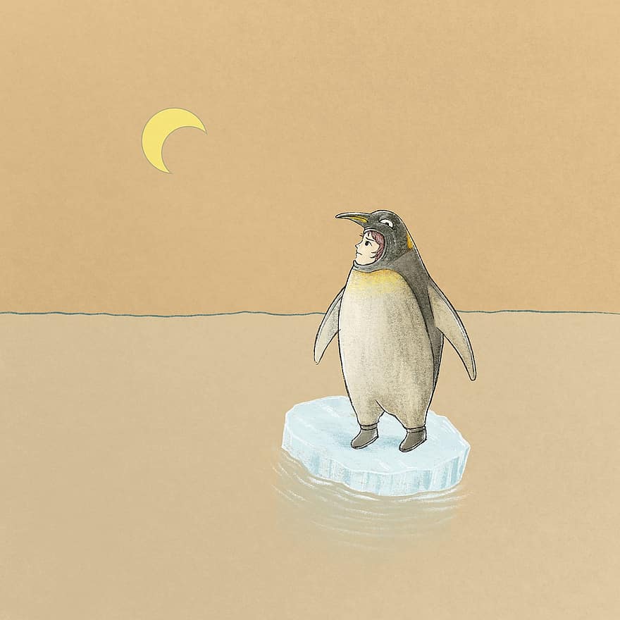 pingvin, mänsklig, tecknad serie, klimatförändring, glaciär, smältande, måne, person, målning, fantasi, kreativitet