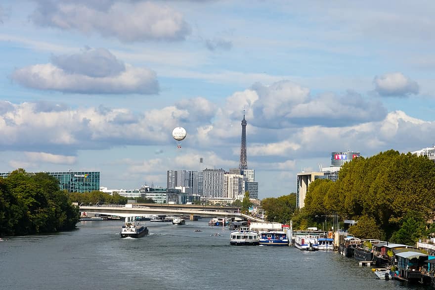 paris, by, landskap, elv, båt, tårn, berømt sted, nautisk fartøy, transport, vann, bybildet
