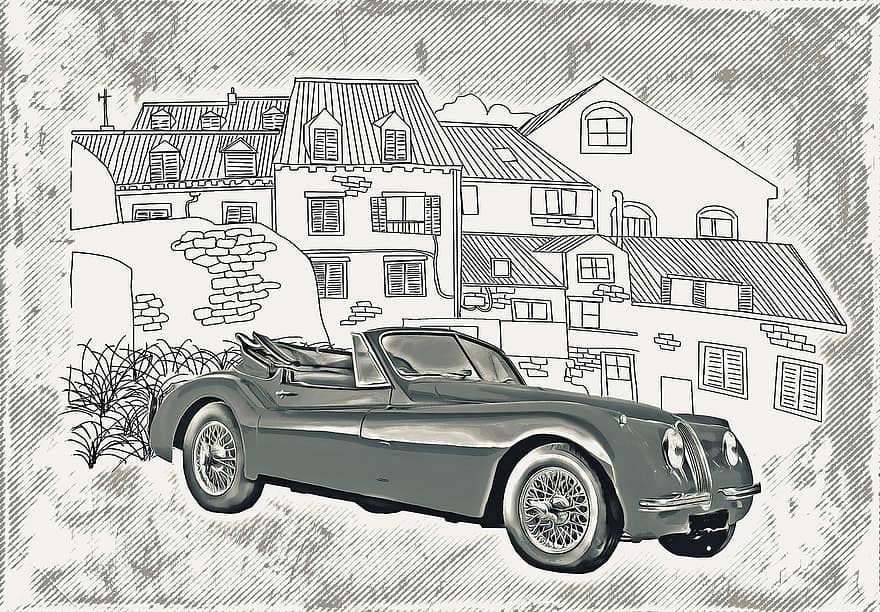 convertibile, veicolo, trasporto, lusso, Linea artistica, epoca, Vintage ▾, disegno, manifesto, cartolina, auto
