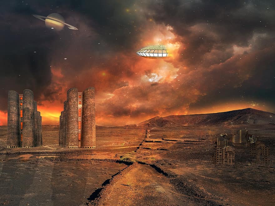 Science-Fiction, Raumschiff, Saturn, Erde, Gebäude, Sonneneruption, Planeten, Ausländer, Feuer, Lava, Zerstörung