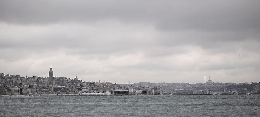 град, градски пейзаж, крайбрежие, брегова линия, море, сгради, силует, океан, панорама, Истанбул, Турция