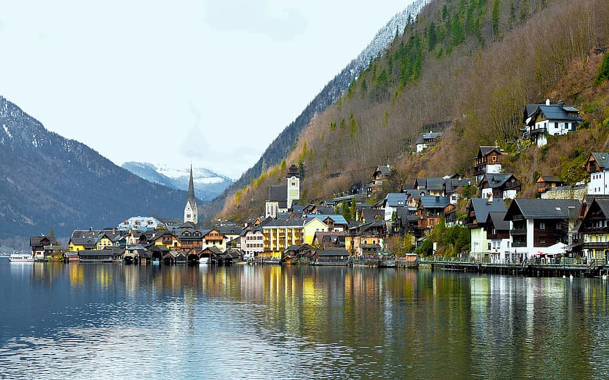 湖、村、山岳、ハルシュタット、オーストリア、アルプス、風景、山、水、旅行、航海船