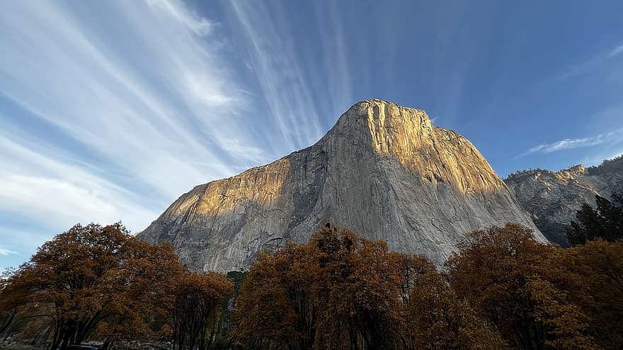 гора, облака, осень, Эль-Капитан, Yosemite, пейзаж, горная вершина, лес, синий, камень, дерево
