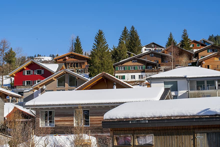 Suiza, invierno, casas, Brunni Cantón De Schwyz, árbol, nieve, cielo, naturaleza, techo, madera, arquitectura