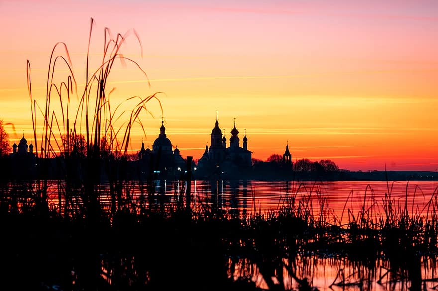 Russie, rivière Volga, le coucher du soleil, rivière, la nature, christianisme, crépuscule, religion, architecture, endroit célèbre, lever du soleil