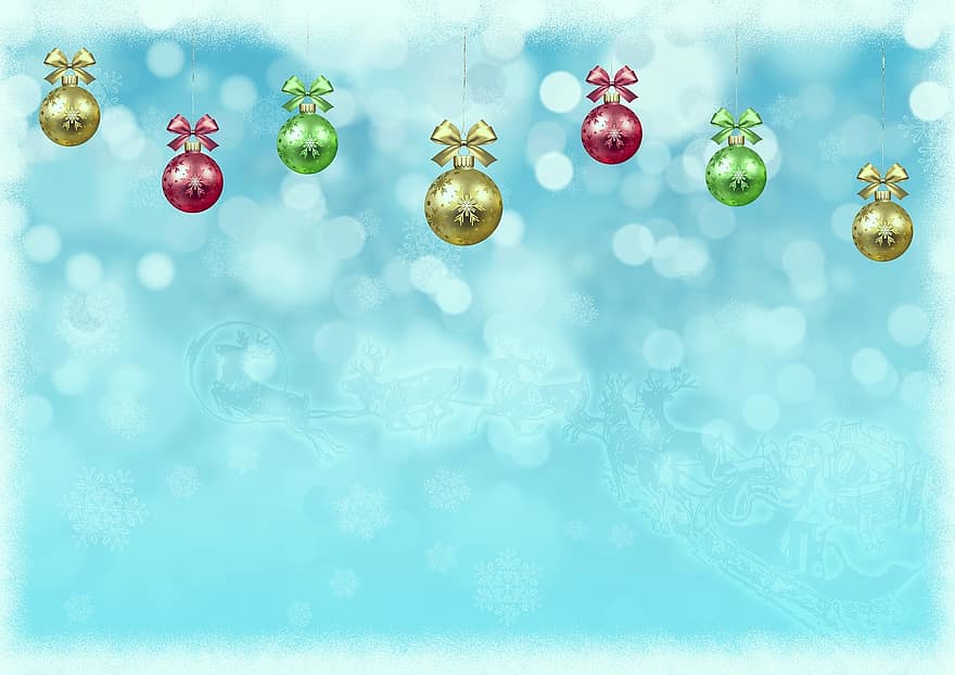 motivo natalizio, Biglietto natalizio, christbaumkugeln, bokeh, Natale, palle, nobile, decorativo, bianca, blu, la neve