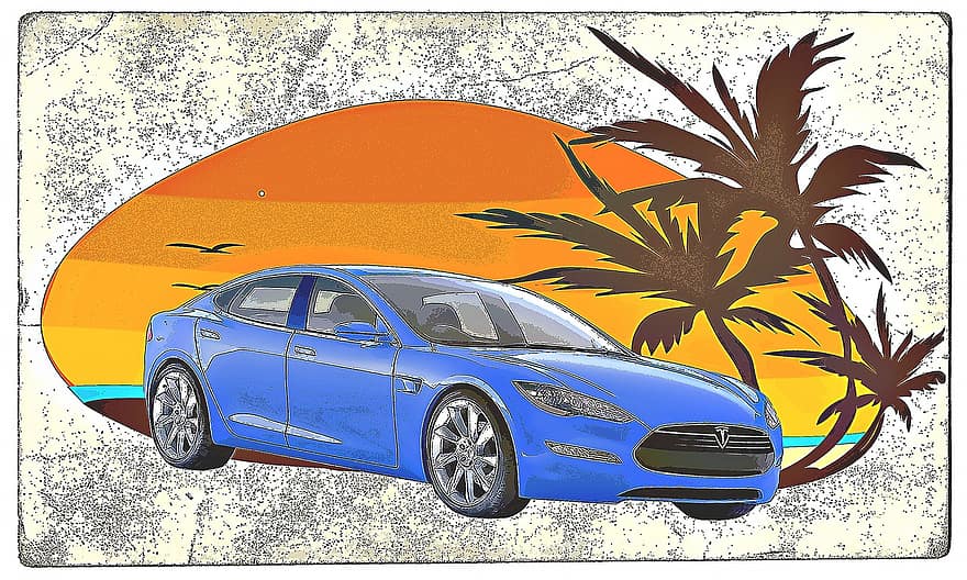 Tesla, ajoneuvo, uskaltaa, sähköauto, auto, kuljetus, juliste, maisema, Palmu, ratsastaa, postikortti