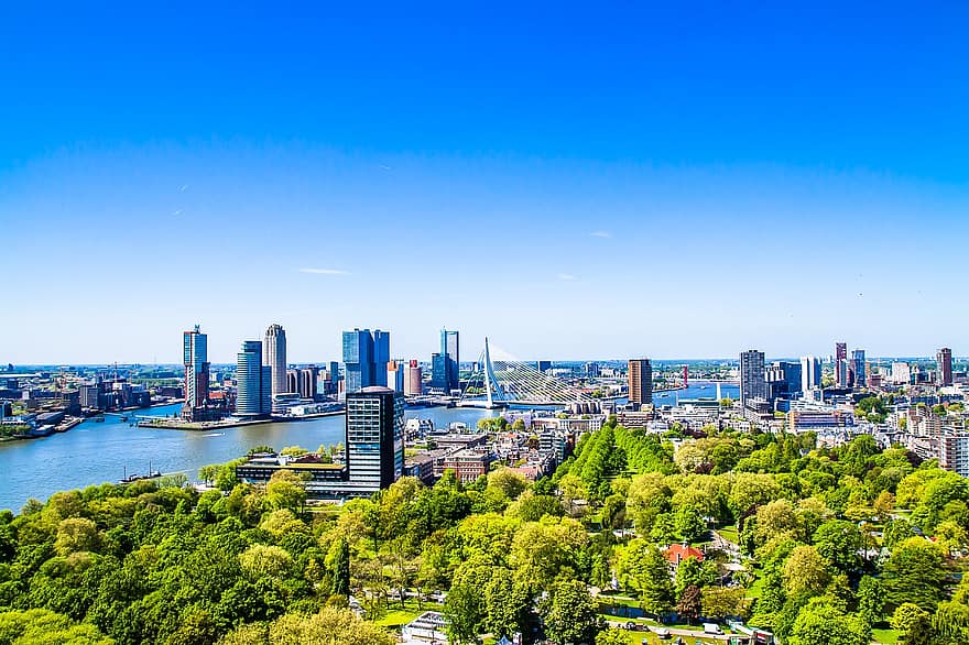 horizon, wolkenkrabbers, gebouwen, moderne gebouwen, stad, stadsgezicht, blauwe lucht, stedelijk, rivier-, panorama, Rotterdam