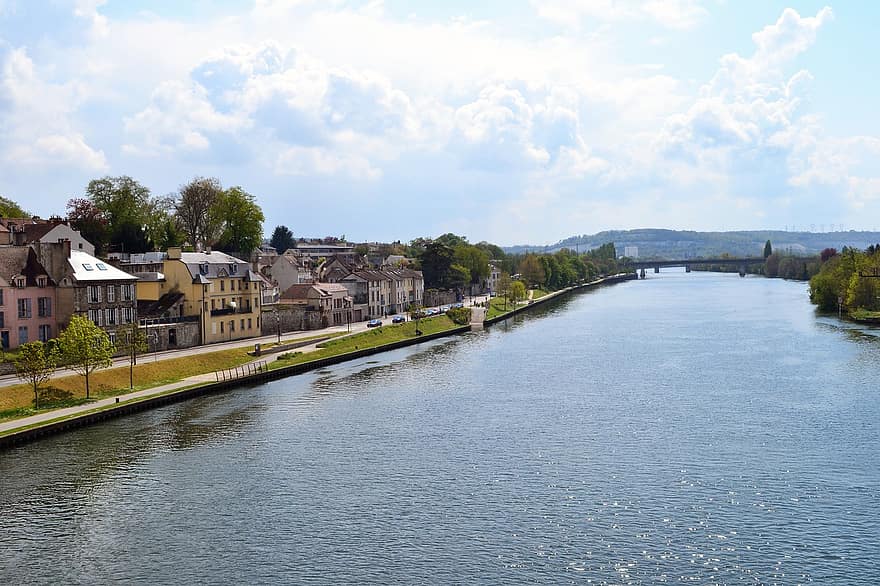 río, pueblo, Mantes La Jolie, Yvelines, jábega, Francia, agua