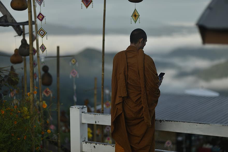 monge, telefone, névoa, cenário, tailândia, Ásia, natureza, homens, adulto, uma pessoa, machos