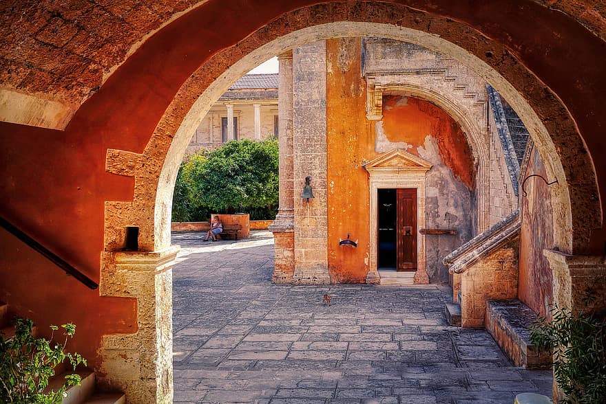 monasterio, albañilería, bóveda, hof, arco, cantería, arquitectura, antiguo, Creta, Grecia, Mediterráneo