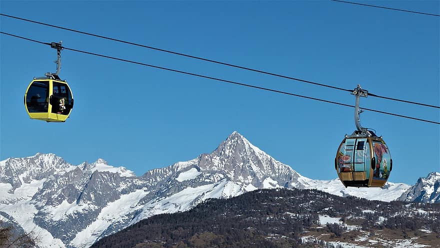 Schweiz, vinter, svævebane, sne, eventyr, natur, bjerg, skilift, overhead svævebane, stå på ski, skibakke
