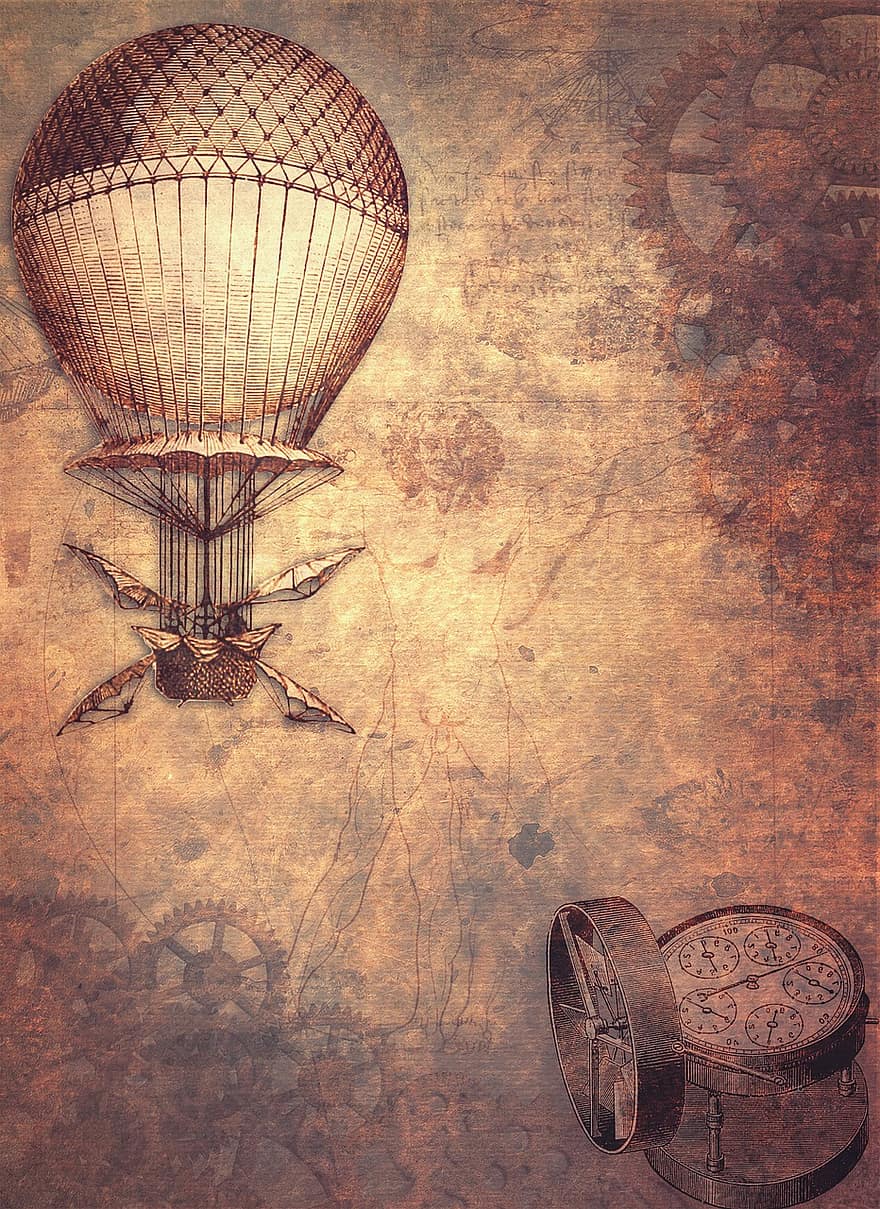 steampunk, globus d'aire calent, rellotge, mapa, engranatges, globus, rovellat, paper, vell, avions, da vinci