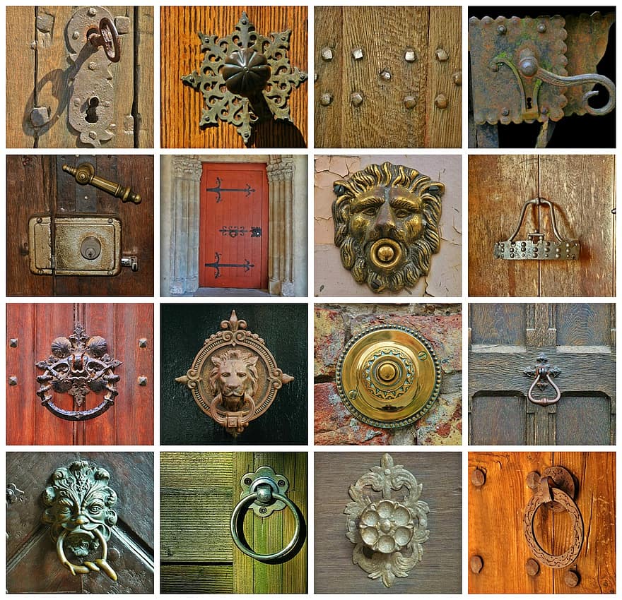 дверь, дверной молоток, вход, вход в дом, металл, дерево, лев, ожидание вызова, кольцо, потребление, латунь
