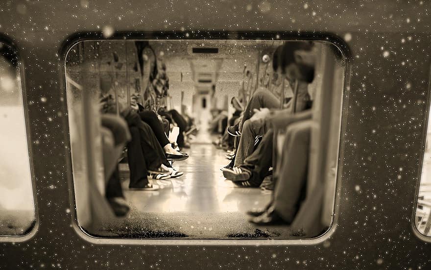 pociąg, ludzie, metro, sepia, dojazdy, tłum, nogi, transport, Pod koniec dnia, popędzać, śnieg