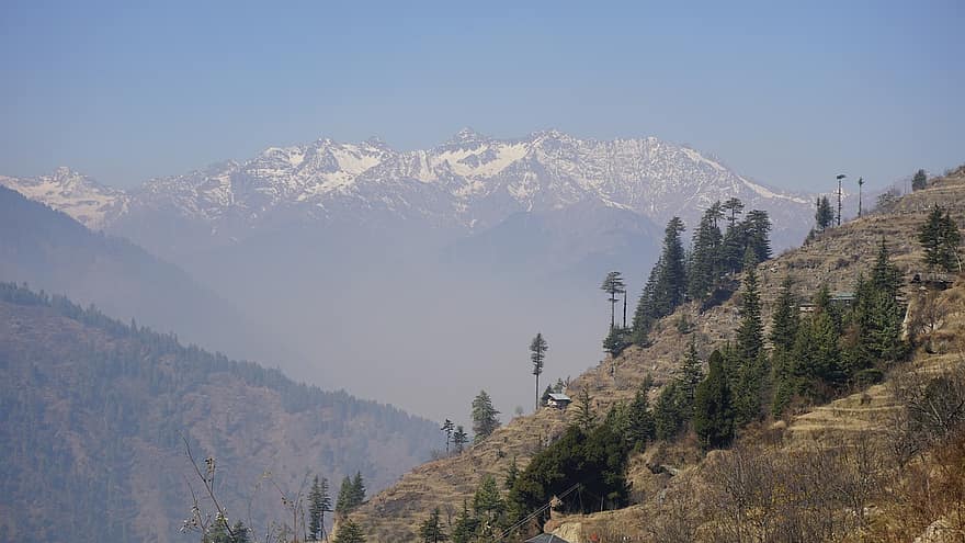 himalaya, bjerge, landskab, hældning, landsby, tåge, tåget, spids, topmøde, bjergkæde, natur