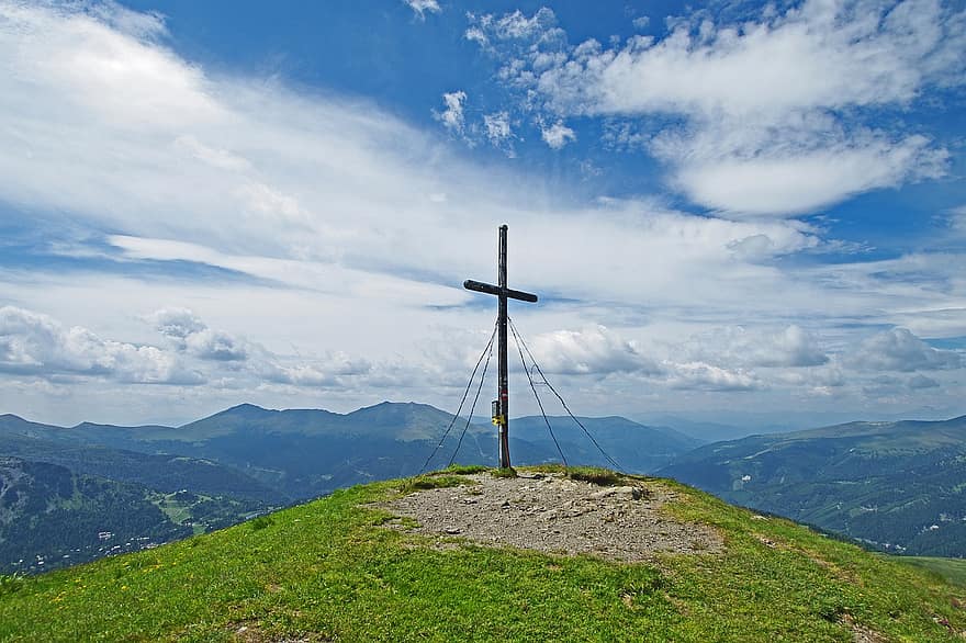 Turracher Hohe Pass, toppmötet kors, styria, österrike, bergen, natur, landskap, berg, gräs, äng, landsbygden scen
