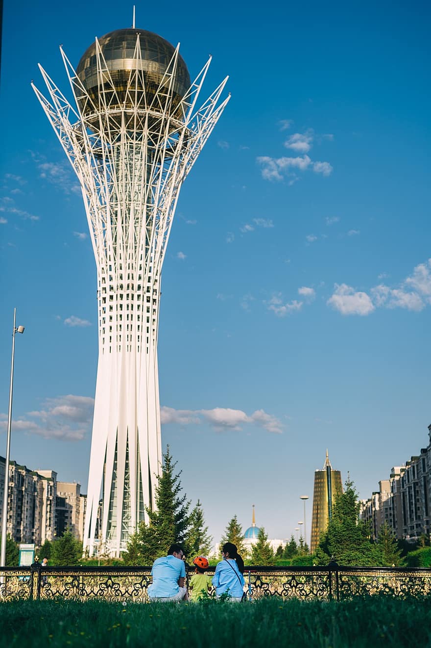 Nursultan, Astana, Kazahsztán, elnök, showplace, felhők, főváros, város, Bayterek, muszlim, család