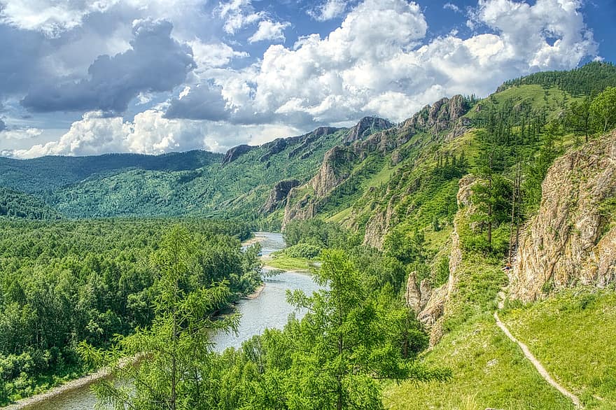 flod, natur, udendørs, rejse, udforskning, Khakassia, bjerge, himmel, landskab, bjerg, Skov