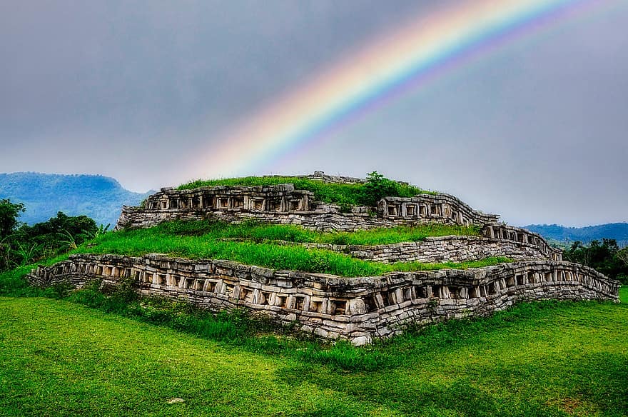Ruins, Archeology, Rainbow, Maya, Aztec, Mexico, Puebla, Yohualichan, famous place, history, architecture