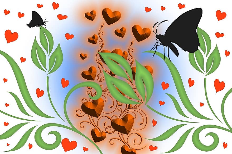sommerfugl, hjerte, blomster, baggrund, dekoration, romantik, lykønskningskort