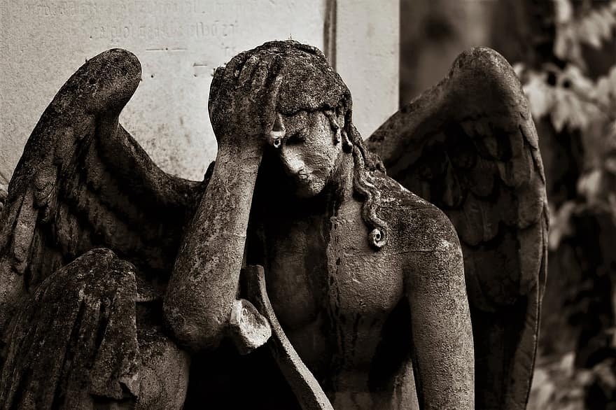天使、像、墓、悲しい、彫刻、古い、翼、石像