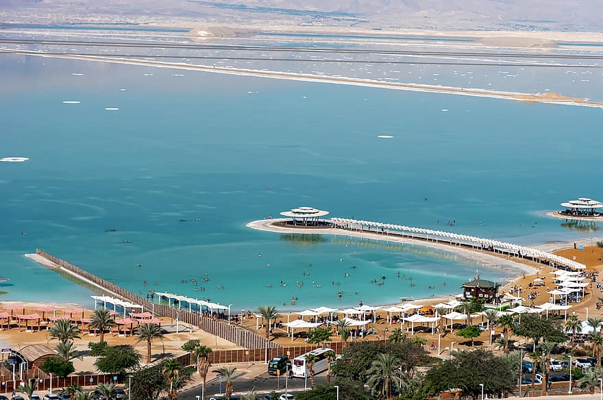 mar Morto, Israel, de praia, Jordânia, Lago salgado, costa, recorrer, praia do mar morto, água Azul, pessoas, natação