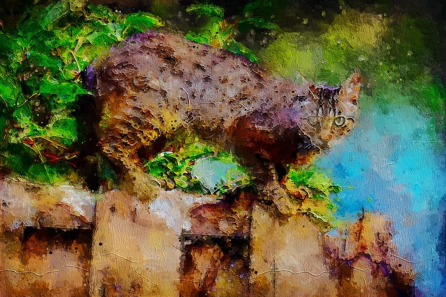 seni digital, lukisan, cat air, akuarel, penuh warna, kucing