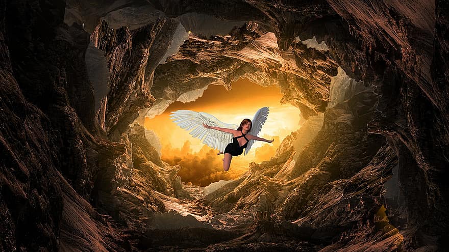 バックグラウンド、天使、洞窟、太陽、ファンタジー、翼、天使の翼、フライングエンジェル、女性、アバター、キャラクター
