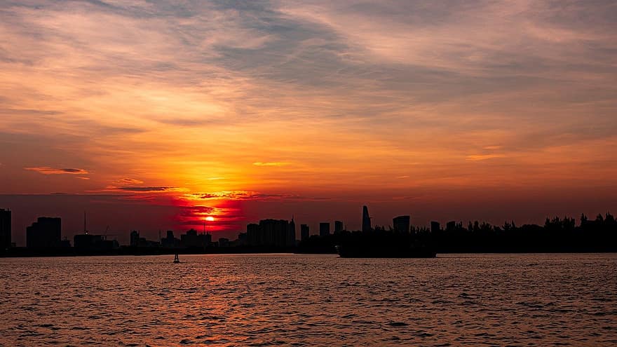 puesta de sol, Vietnam, río, oscuridad, horizonte urbano, amanecer, Dom, paisaje urbano, rascacielos, silueta, noche
