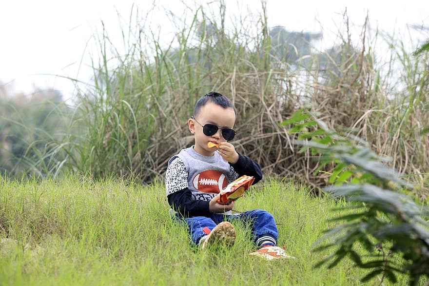 bebek, yemek, oturmak, oturma, çimen, yemek yiyor, yürümeye başlayan çocuk, erkek bebek, Güneş gözlüğü, iz, portre