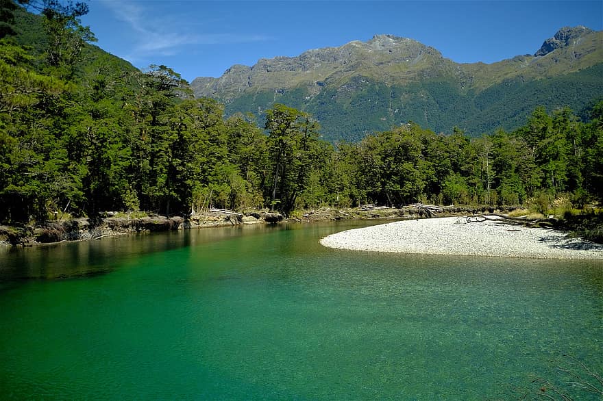 rzeka, jezioro, las, góry, Natura, krajobraz, Góra, lato, woda, zielony kolor, niebieski