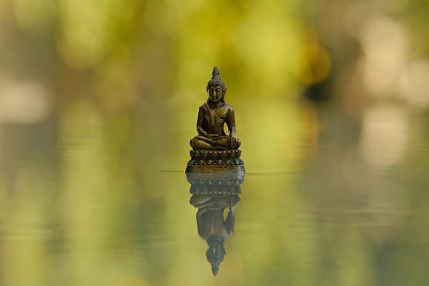 仏、像、水、反射、仏教、宗教、信仰、平穏、瞑想、霊性、ヨガ