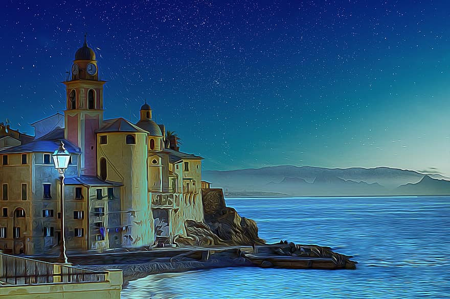 stjerner, hav, strand, nat, ocean, havet, Ligurien, Italien, arkitektur, nattetid, scene