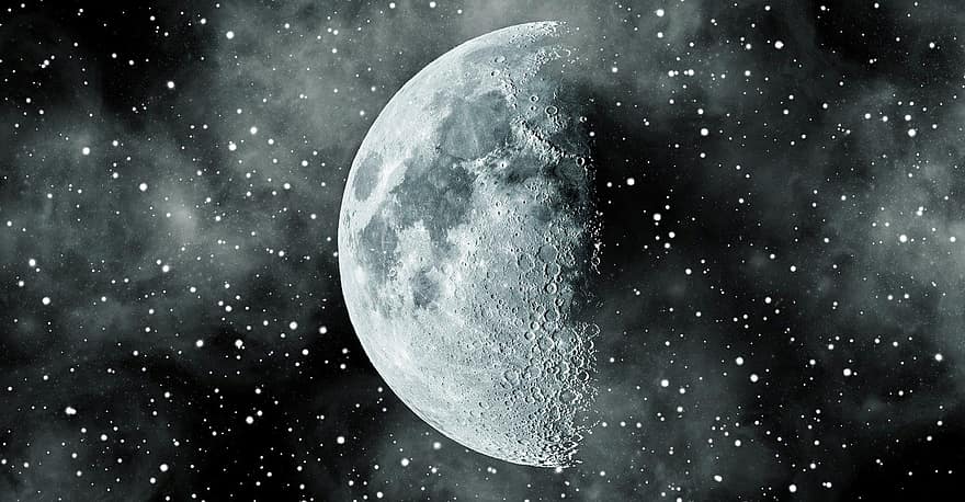 maan, sterren, ruimte, kraters, nacht, hemel, melkweg, universum, kosmos, hemellichaam, sterrenhemel