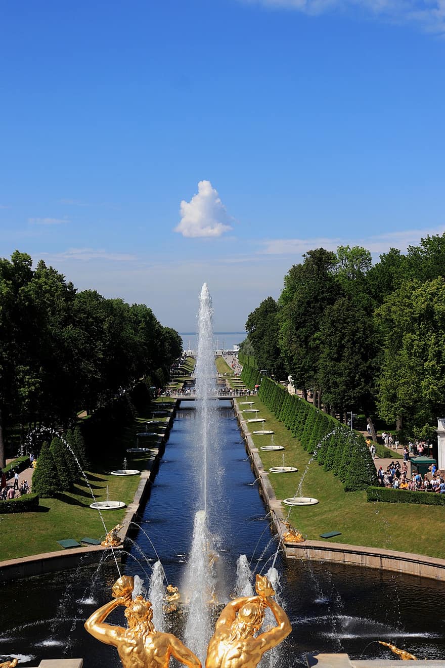 фонтан, път, парк, листа, дървета, градина, известен, petrodvorets peterhof, Русия, туризъм, пътуване