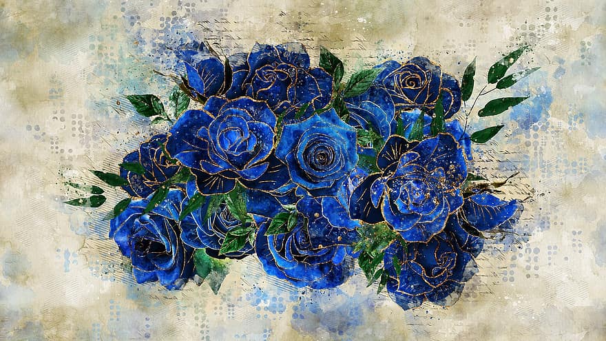 ruusut, sininen ruusu, sinisiä kukkia, kukat, taide, maalaus, sininen, taustat, puun lehti, abstrakti, koriste