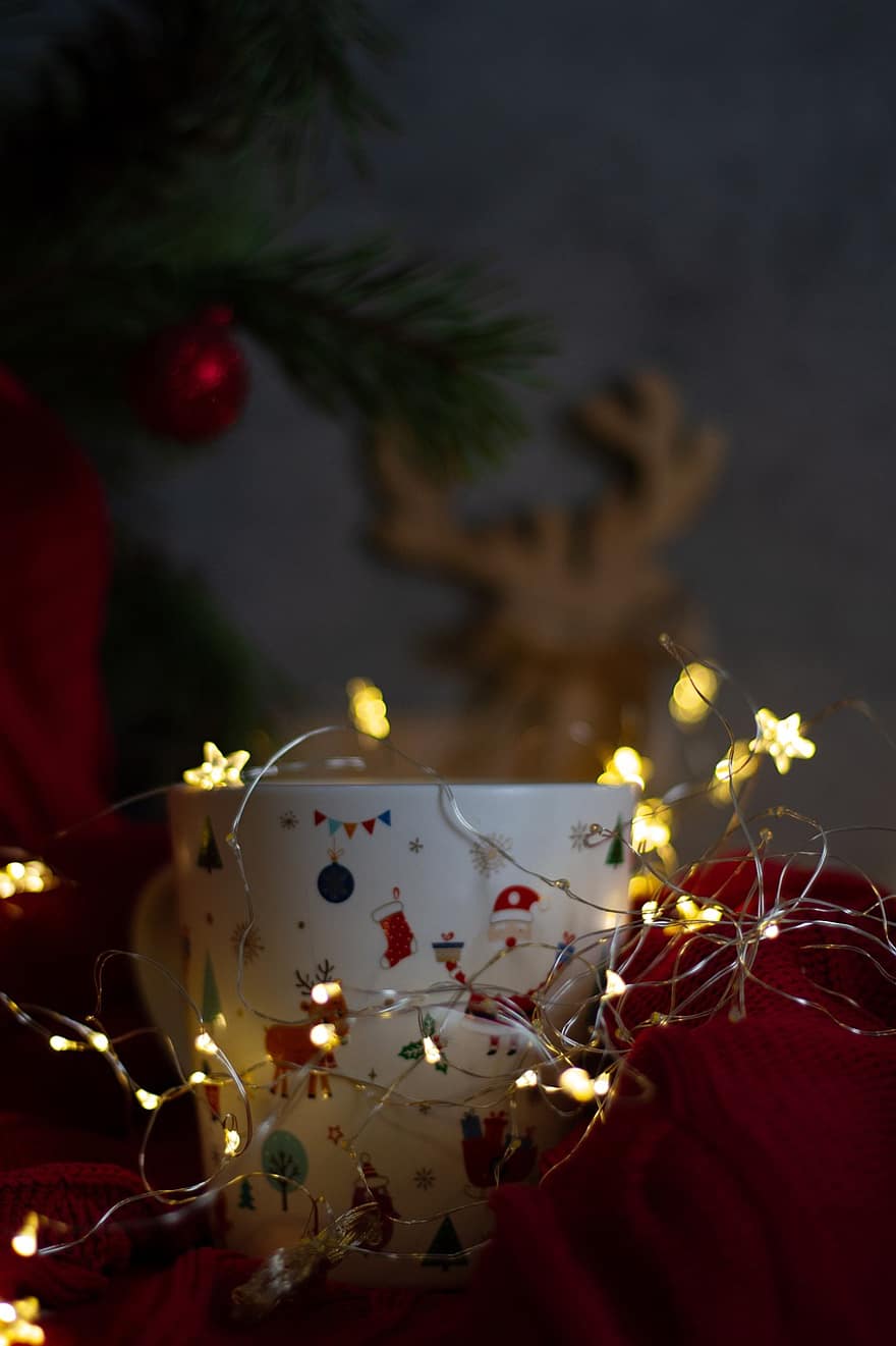 tassa, llums de Nadal, manta vermella, beure, begudes, Nadal, bola de nadal, estrella, bauble, natura morta, bokeh