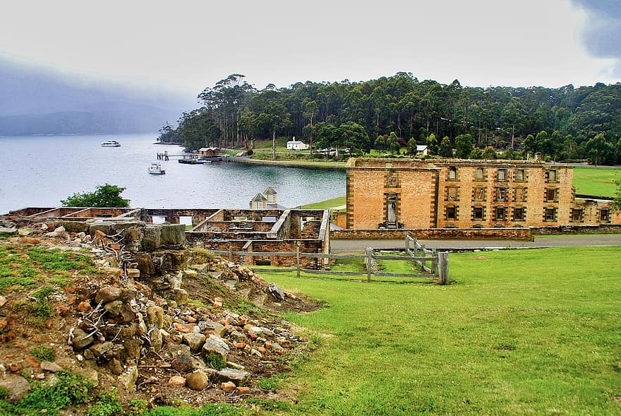 ruiny, port arthur, tasmánie, vězení, zchátralý, historický, venkovské scény, krajina, kultur, dřevo, starý