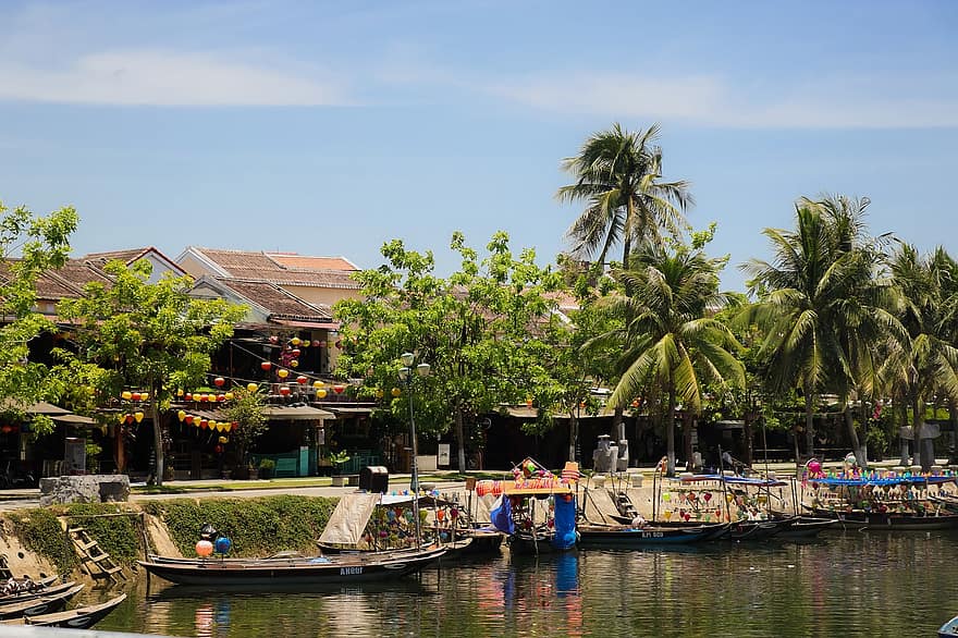 привет, Вьетнам, канал, лодки, городок, порт, водный путь, древний город