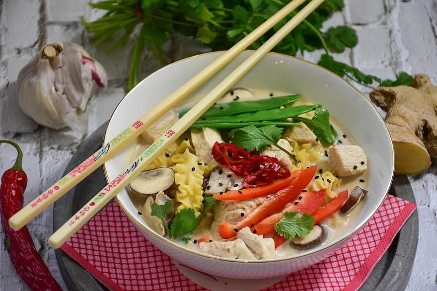 Sup, Mie, ayam, Sayuran, sup kelapa, gaya thai, makan, tajam, pedas, makanan, sayur-mayur