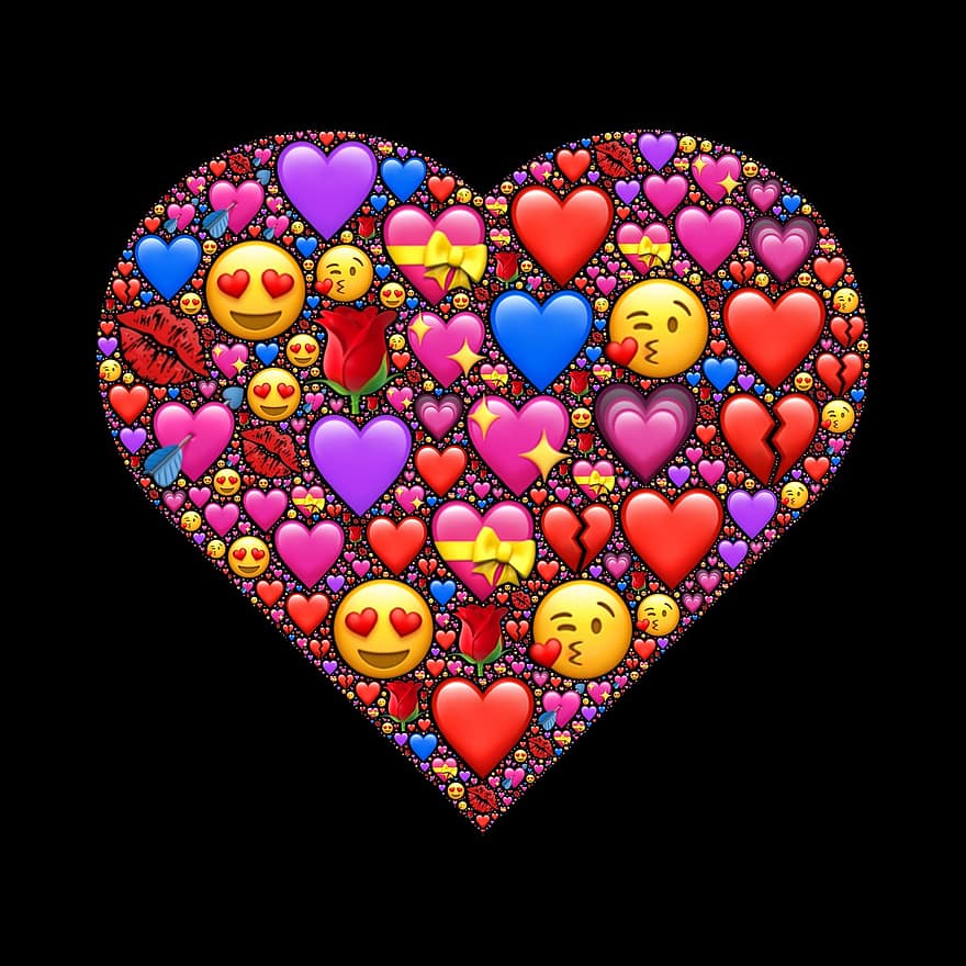 hjerte, valentine, kjærlighet, tiltrekning, romanse, emoji, emoticons, kysse, dekorasjon, romantisk, form
