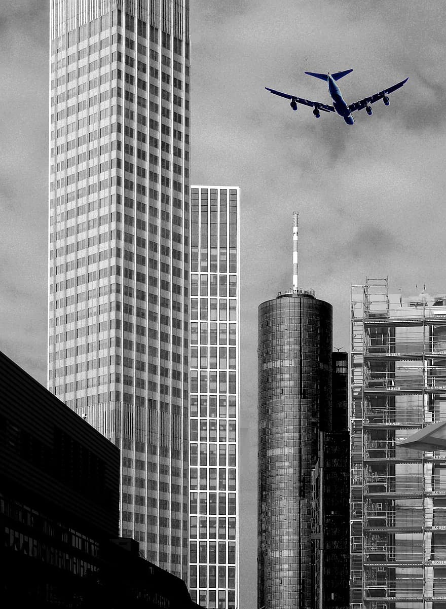 avión, viaje, ciudad, edificio, arquitectura, rascacielos, metrópoli, céntrico, urbano, torre, monocromo