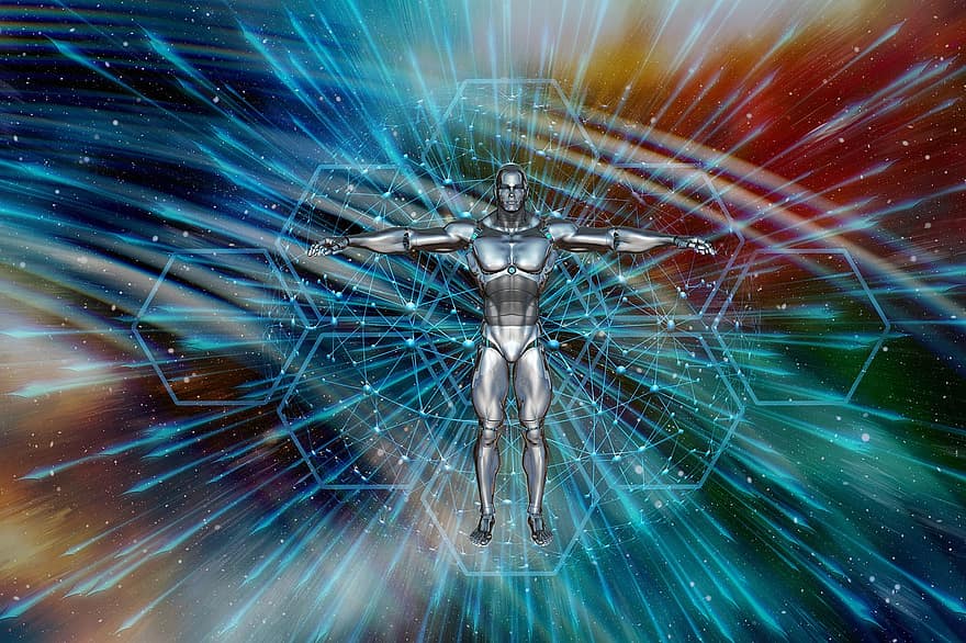 cyborg, robot, estrella, univers, expansió, xarxa, android, digitalització, futurista, plata, màquina